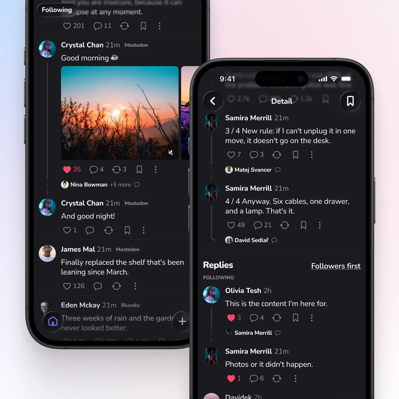 A collapsed thread in the timeline, and the same thread opened