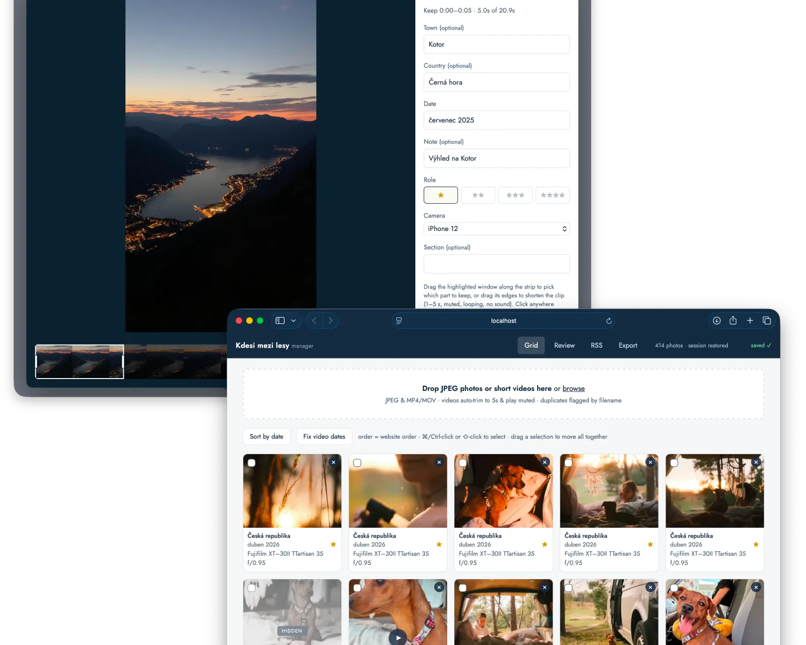The admin studio: a grid of photo cards with location, date, camera and rating controls