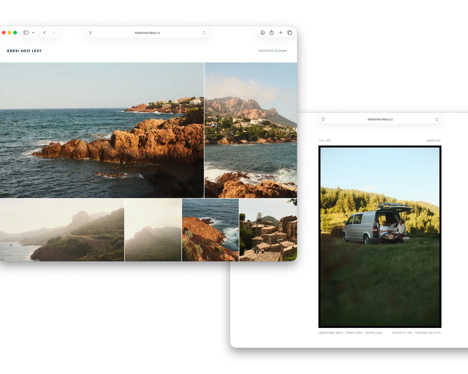 The kdesimezilesy.cz photo grid with a lightbox open, showing its location, date and camera metadata