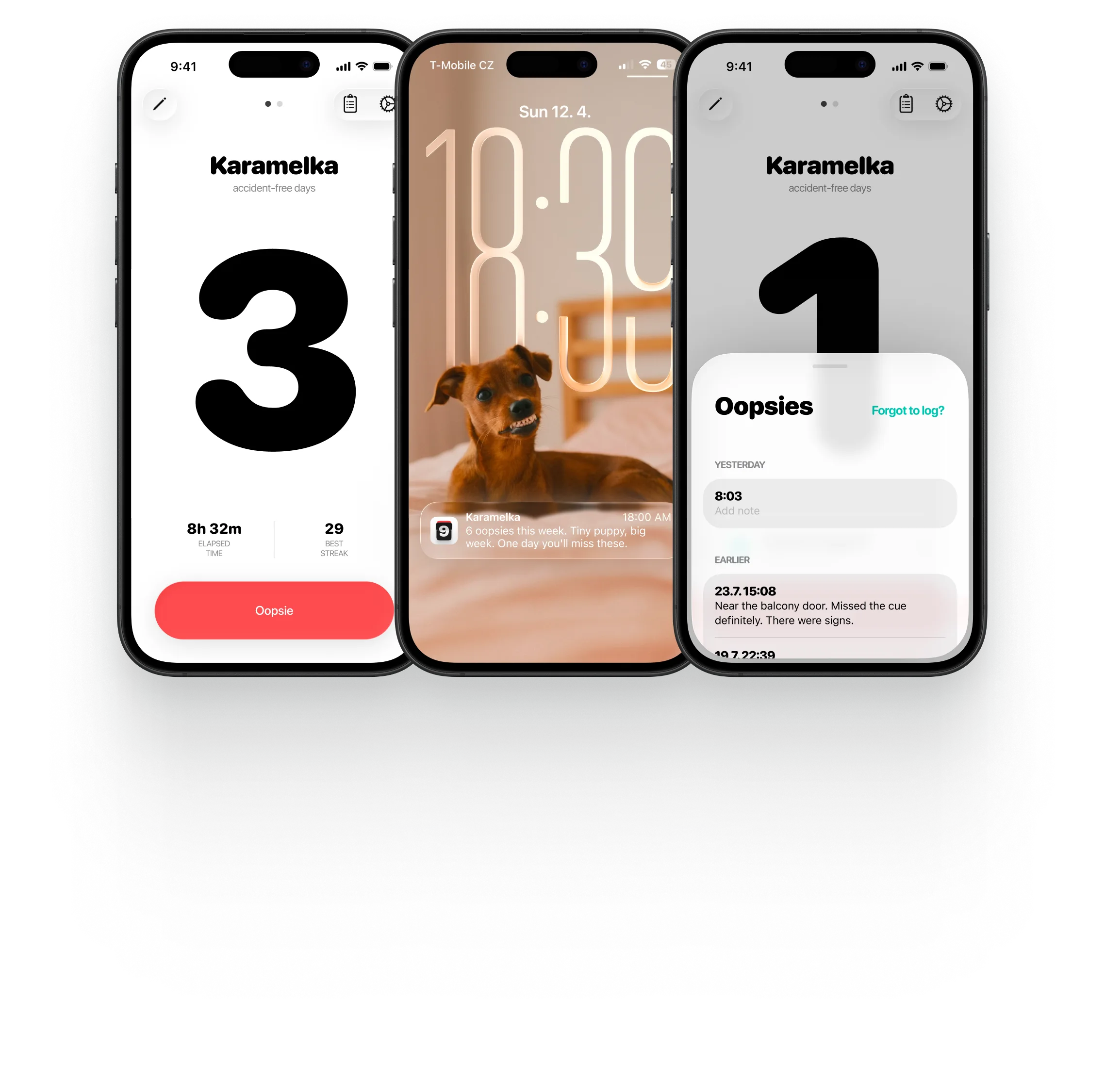 Oopsie on three phones: the clean-day streak, the lock-screen reminder, and the log of oopsies