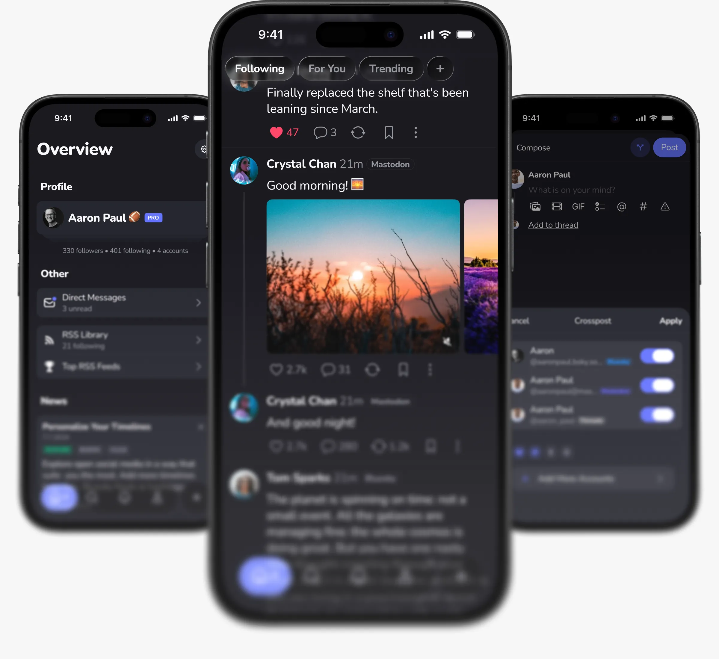 Openvibe on three phones: the Overview panel, a unified dark timeline, and the crosspost composer